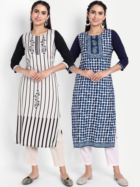 

Ethnic basket Women Pack Of 2 White & Blue Striped Printed Kurta