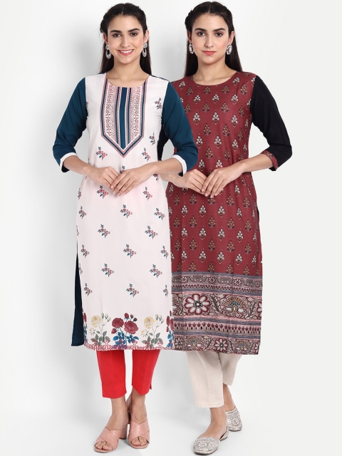 

Ethnic basket Women Pack of 2 Ethnic Motifs Printed Crepe Kurta, White