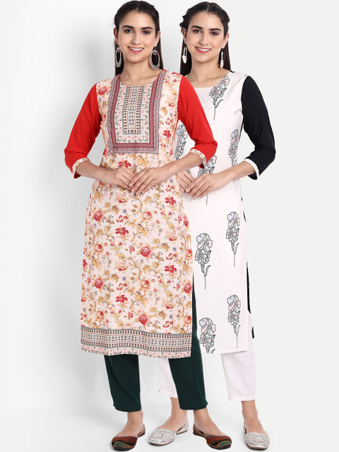 

Ethnic basket Women Pack Of 2 Floral Printed Crepe Kurta, Cream