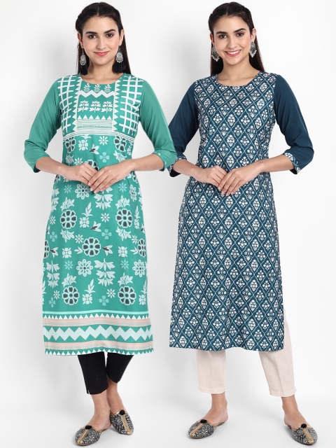 

Ethnic basket Women Pack Of 2 Green & Blue Ethnic Motifs Printed Kurta