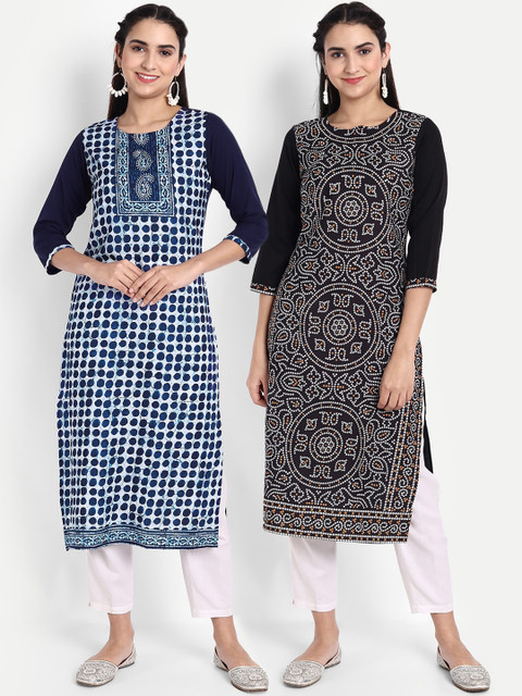 

Ethnic basket Women Pack of 2 Embroidered Thread Work Floral Crepe Kurta, Multi