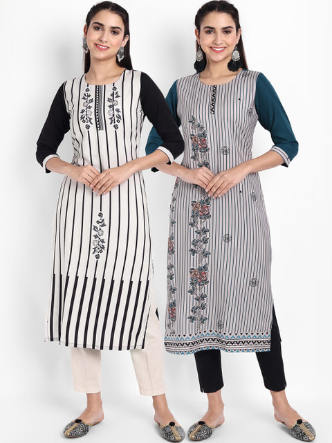 

Ethnic basket Women Multicoloured Ethnic Motifs Striped Thread Work Floral Crepe Kurta, Multi