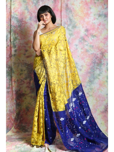 

Charukriti Yellow & Blue Woven Design Silk Cotton Jamdani Saree