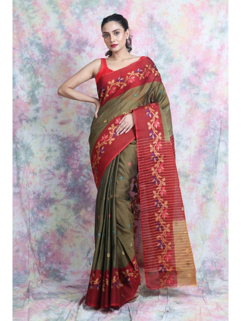 

Charukriti Green & Maroon Floral Printed Pure Cotton Saree