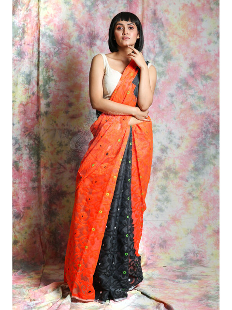 

Charukriti Orange & Black Woven Design Silk Cotton Jamdani Saree