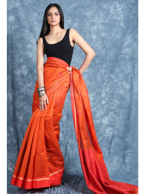 

Charukriti Orange & Pink Gold-Toned Woven Design Handloom Saree