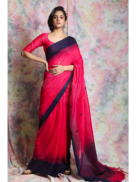 

Charukriti Pink & Navy Blue Woven Design Handloom Saree