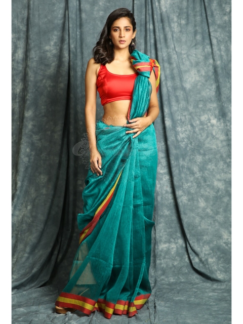 

Charukriti Teal & Red Woven Design Handloom Saree