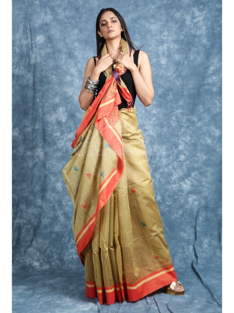 

Charukriti Beige & Red Abstract Printed Handloom Saree
