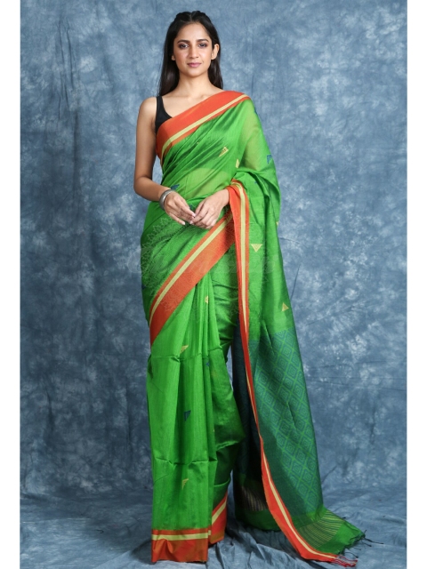 

Charukriti Green & Orange Woven Design Handloom Saree