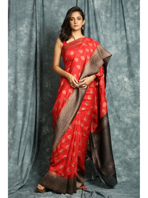 

Charukriti Women Red & Gold-Toned Woven Design Zari Handloom Saree