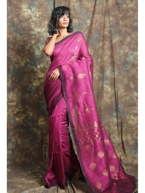 

Charukriti Magenta & Gold-Toned Woven Design Pure Linen Handloom Saree