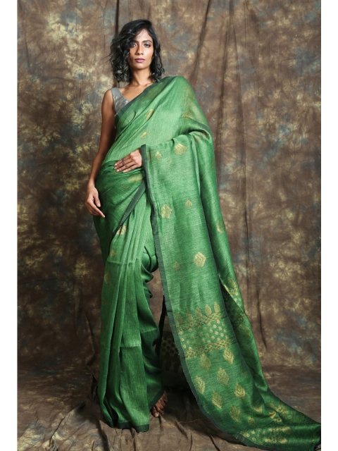 

Charukriti Green & Gold-Toned Woven Design Zari Pure Linen Saree
