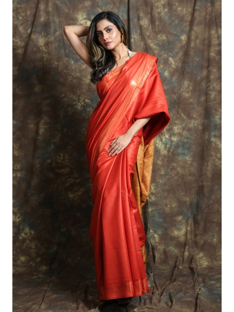

Charukriti Orange & Gold-Toned Solid Pure Silk Saree