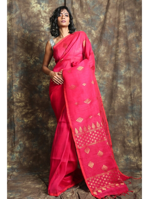 

Charukriti Pink & Gold-Toned Woven Design Pure Linen Saree