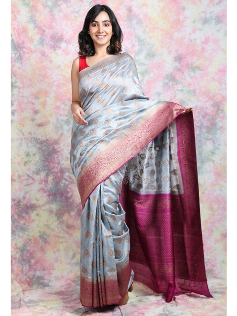 

Charukriti Steel & Pink Woven Design Pure Silk Handloom Saree