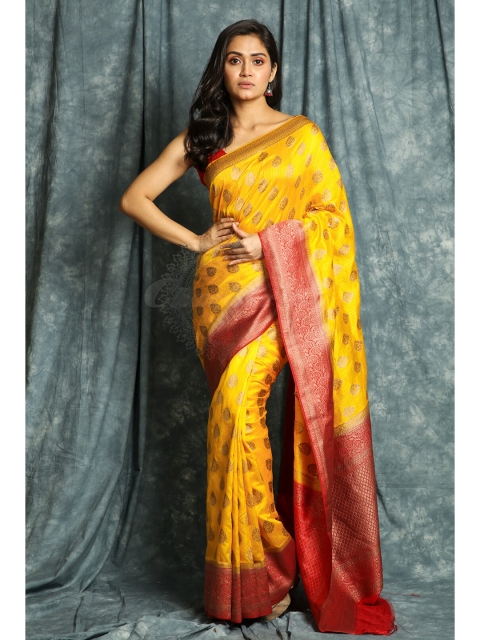 

Charukriti Yellow & Red Gold-Toned Woven Design Handloom Saree