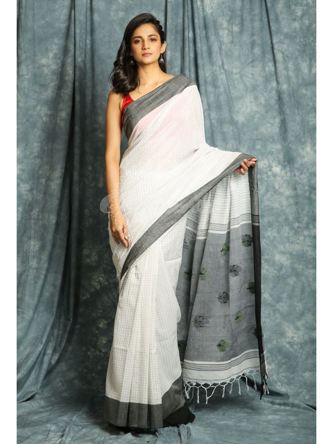 

Charukriti White & Black Woven Design Checked Handloom Saree