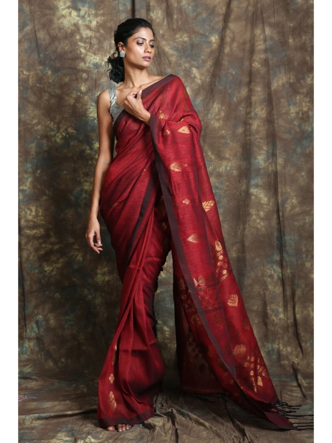 

Charukriti Red & Gold-Toned Woven Design Pure Linen Saree