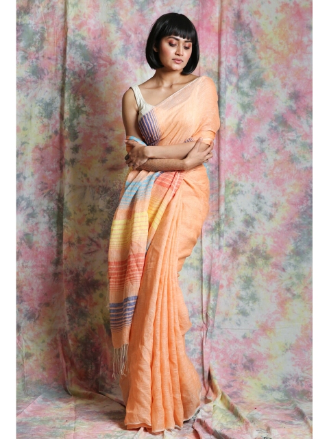 

Charukriti Peach-Coloured & Blue Striped Handloom Saree