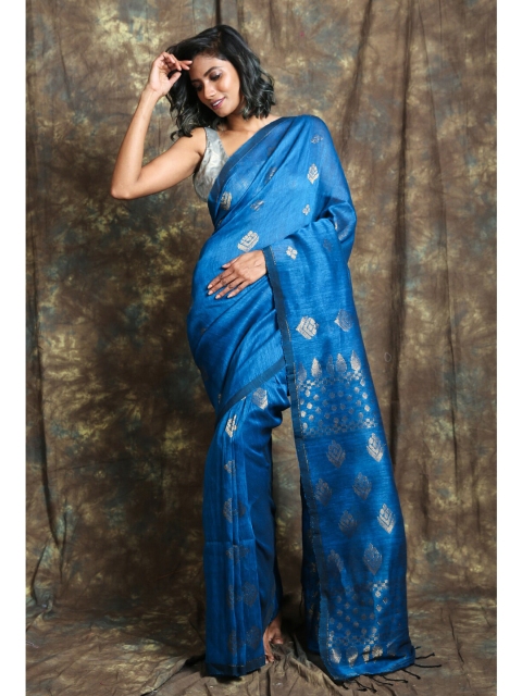 

Charukriti Women Blue & Gold-Toned Woven Design Pure Linen Saree