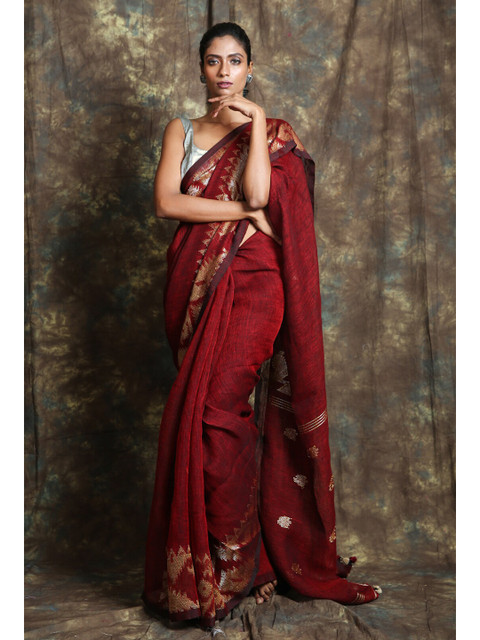 

Charukriti Red & Gold-Toned Woven Design Zari Pure Linen Saree