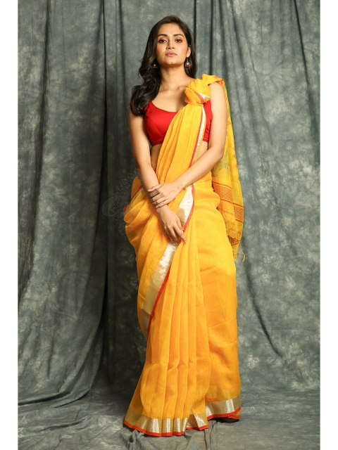 

Charukriti Yellow & Orange Woven Design Pure Linen Handloom Saree