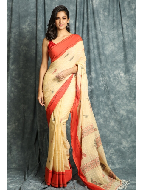 

Charukriti Beige & Orange Abstract Printed Handloom Saree
