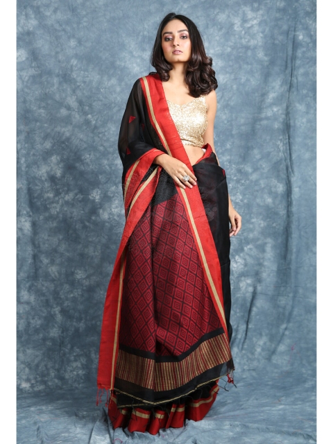 

Charukriti Black & Red Woven Design Handloom Saree