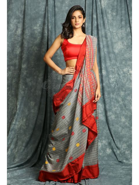 

Charukriti Grey & Red Woven Design Handloom Saree