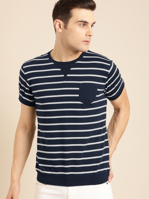 ether Men Navy Blue & Off-White Striped Round Neck T-Shirt With Patch Pocket