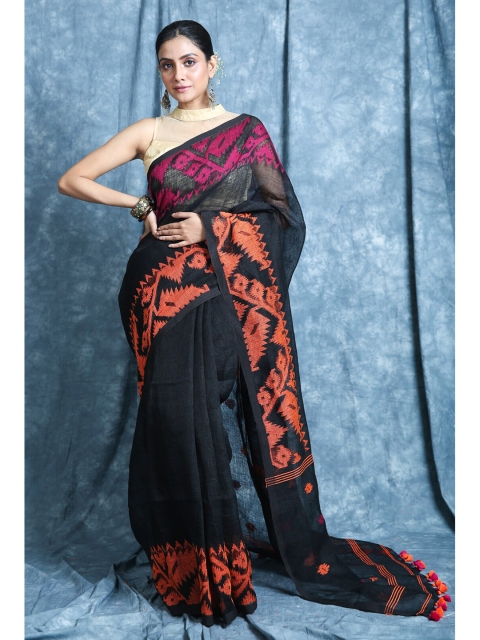 

Charukriti Black & Magenta Woven Design Pure Linen Saree