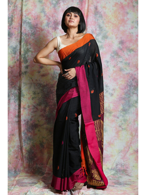 

Charukriti Black & Orange Woven Design Handloom Saree