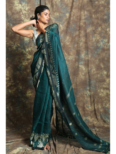 

Charukriti Green & Gold-Toned Woven Design Pure Linen Handloom Saree