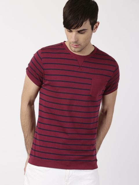 

ether Men Maroon Striped Round Neck T-shirt With Patch Pocket
