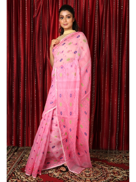 

Charukriti Pink & Blue Woven Design Silk Cotton Jamdani Saree
