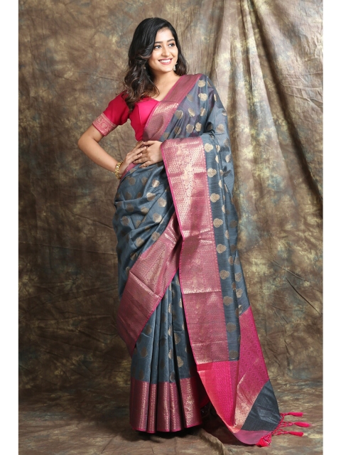 

Charukriti Grey & Pink Woven Design Zari Silk Blend Saree
