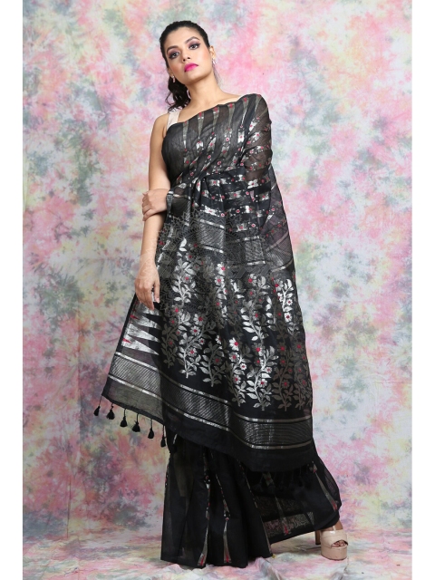 

Charukriti Black & Silver-Toned Woven Design Silk Cotton Handloom Jamdani Saree