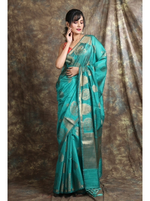 

Charukriti Teal & Gold-Toned Woven Design Zari Silk Blend Saree
