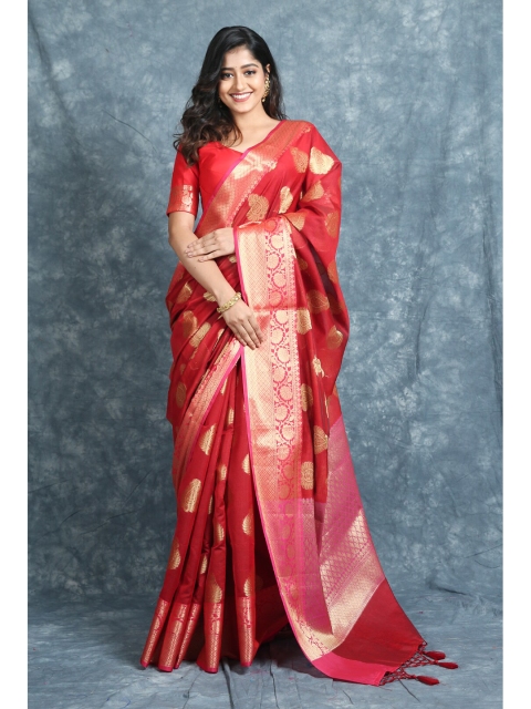 

Charukriti Red & Gold-Toned Ethnic Motifs Woven Design Pure Cotton Saree
