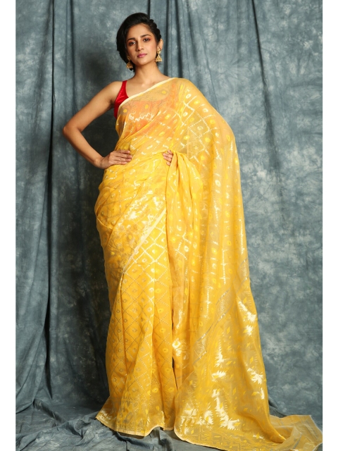 

Charukriti Yellow & Gold-Toned Woven Design Silk Cotton Jamdani Saree