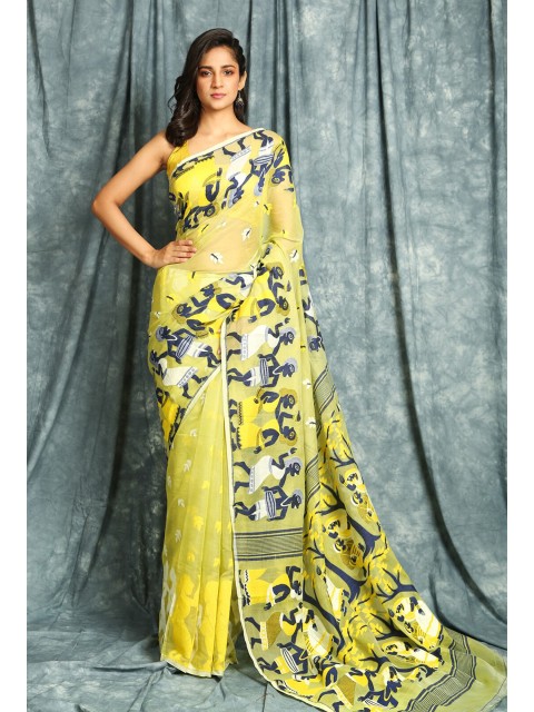 

Charukriti Yellow & Blue Woven Design Silk Cotton Handloom Jamdani Saree