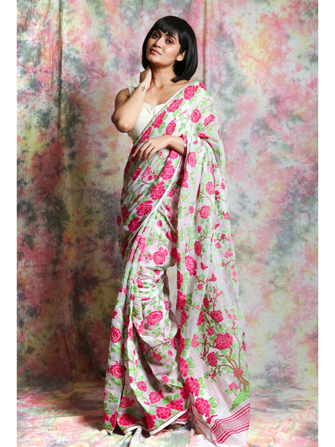 

Charukriti Women White & Pink Floral Printed Silk Cotton Jamdani Saree