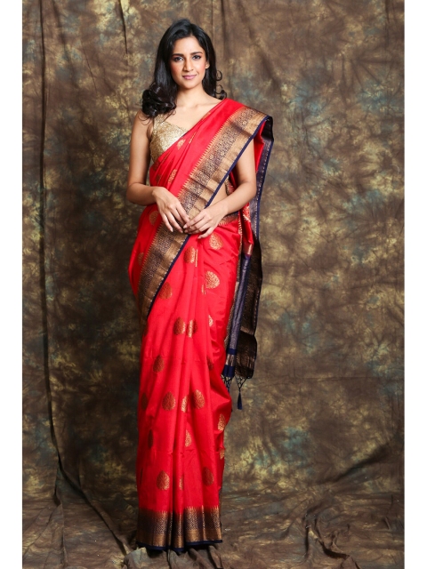 

Charukriti Red & Navy Blue Gold-Toned Woven Design Pure Silk Saree