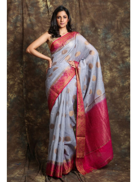 

Charukriti Grey & Pink Woven Design Zari Pure Silk Saree