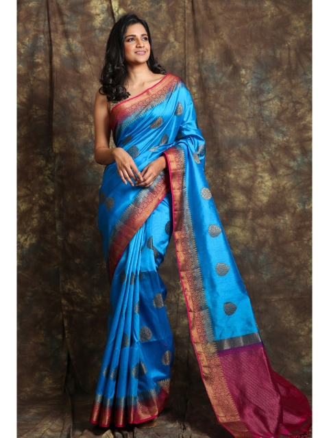 

Charukriti Blue & Magenta Gold-Toned Woven Design Pure Silk Saree