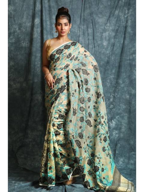 

Charukriti Beige & Black Floral Silk Cotton Jamdani Saree