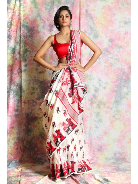 

Charukriti Off White & Red Woven Design Silk Cotton Jamdani Saree