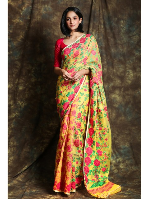 

Charukriti Yellow & Pink Woven Design Silk Cotton Handloom Jamdani Saree