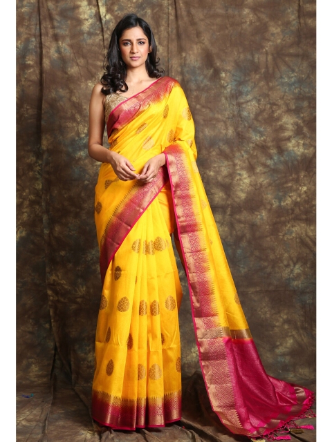 

Charukriti Yellow & Pink Woven Design Zari Pure Silk Saree